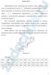 Гидравлика, гидравлические машины и гидроприводы Под ред. Мацевичюса Ю.Ю. Задача 22 Центробежный насос, характеристика которого задана (табл.2), подает воду на геометрическую высоту Нг. Температура подаваемой воды t=20ºC. Трубы всасывания и нагнетания соответственно имеют диаметр dв и dн, а длину lв и lн. Эквивалентная шероховатость Δэ=0,06 мм. Избыточное давление в нагнетательном резервуаре в процессе работы насоса остается постоянным и равно р0.