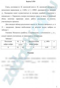 Смесь, состоящая из М1 киломолей азота и М2 киломолей кислорода с начальными параметрами р1 = 1 МПа и Т1 = 1000 К, расширяется до давления р2. Расширение может осуществляться по изотерме, адиабате и политропе с показателем n. Определить газовую постоянную смеси, ее массу и начальный объем, конечные параметры смеси, работу расширения и теплоту, участвующую в процессе. Дать сводную таблицу результатов и анализ ее. Показать процессы в рυ и Ts - диаграммах. Данные необходимые для решения задачи, выбрать из таблицы 1. Указание. Показатель адиабаты, а следовательно, и теплоемкости cр и сυ следует принять постоянным, не зависящим от температуры.
