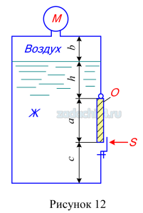 Угорова С.В., Сущинин А.А., Мельникова В.М. Механика жидкости и газа Контрольное задание 1 Задача 2 Определить силу давления S, на которую должно быть рассчитано запорное устройство квадратной крышки, поворачивающейся вокруг горизонтальной оси O и закрывающей отверстие в боковой плоской стенке сосуда, если в сосуде находится жидкость Ж, а давление в верхней части сосуда рм (рис. 12, табл. 2).