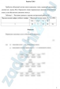 Требуется найти объемный состав смеси идеальных газов, заданный массовыми долями (см. задачу №2). Определить также парциальные давления компонентов смеси, если абсолютное давление смеси p