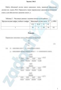 Найти объемный состав смеси идеальных газов, заданный массовыми долями (см. задачу №2). Определить также парциальные давления компонентов смеси, если абсолютное давление смеси p.