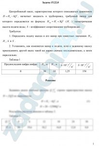 Козак Л.В., Бирзуль А.Н. Гидравлика и гидравлические машины ДВГУПС Задача 3.2.4 Центробежный насос, характеристика которого описывается уравнением Н=Н0-kQ², нагнетает жидкость в трубопровод, требуемый напор для которого определяется по формуле Нтр=Нг+SQ² (Нг — геометрическая высота подачи воды; S — коэффициент сопротивления трубопровода). Требуется: 1. Определить подачу насоса и его напор при известных значениях Н0, Нг,k и S. 2. Установить, как изменяется напор и подача, если к заданному насосу присоединить другой насос такой же марки сначала последовательно, а затем параллельно.
