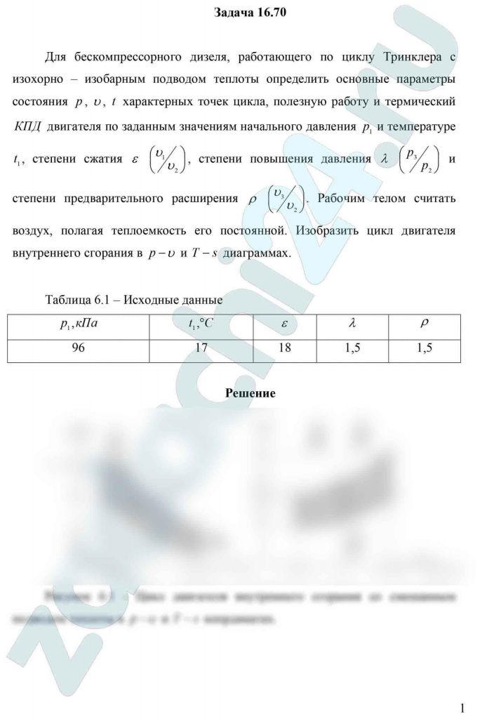 Для бескомпрессорного дизеля, работающего по циклу Тринклера с изохорно – изобарным подводом теплоты определить основные параметры состояния р, υ, Т характерных точек цикла, полезную работу и термический КПД двигателя по заданным значениям начального давления р1 и температуре t1, степени сжатия ε (υ1/υ2), степени повышения давления λ (p3/p2) и степени предварительного расширения ρ (υ3/υ2). Рабочим телом считать воздух, полагая теплоемкость его постоянной. Изобразить цикл двигателя внутреннего сгорания в p-υ и T-s диаграммах.