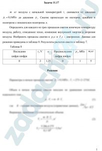 m кг воздуха с начальной температурой t1 сжимается от давления р1=0,1 МПа до давления р2. Сжатие происходит по изотерме, адиабате и политропе с показателем политропы n. Определить для каждого из трех процессов сжатия конечную температуру воздуха, работу, отведенное тепло, изменение внутренней энергии и энтропии воздуха. Изобразить процессы сжатия в p,υ и T,s - диаграммах.