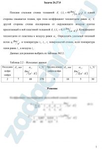 Плоская стальная стенка толщиной δ1 (λ1=40 Вт/(м·К)) с одной стороны омывается газами; при этом коэффициент теплоотдачи равен α1. С другой стороны стенка изолирована от окружающего воздуха плотно прилегающей к ней пластиной толщиной δ2 (λ2=0,15 Вт/(м·К). Коэффициент теплоотдачи от пластины к воздуху равен α2. Определить удельный тепловой поток q, Вт/м² и температуры t1, t2, t3 поверхностей стенок, если температура газов равна tг, а воздуха - tв