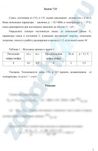 Смесь, состоящая из СО2 и СО, задана массовыми долями (mCO2 и mCO). Имея начальные параметры – давление р1 = 0,5 МПа и температуру t1 = 27 ºС, смесь расширяется при постоянном давлении до объема V2 = ρV1. Определить газовую постоянную смеси, ее начальный объем V1, параметры смеси в состоянии 2, изменение внутренней энергии, энтальпии, энтропии, теплоту и работу расширения в процессе 1-2, если масса смеси М.