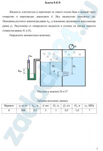 Жидкость плотностью ρ перетекает из левого отсека бака в правый через отверстие в перегородке диаметром d. Над жидкостью находится газ. Показание ртутного манометра равно hрт, а показание пружинного вакуумметра равно рv. Расстояния от поверхности жидкости в отсеках до центра тяжести отверстия равны H1 и H2. Определить неизвестную величину.