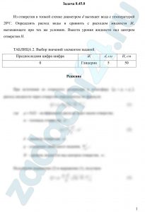Из отверстия в тонкой стенке диаметром d вытекает вода с температурой 20 ºC. Определить расход воды и сравнить с расходом жидкости Ж, вытекающего при тех же условиях. Высота уровня жидкости над центром отверстия Н.