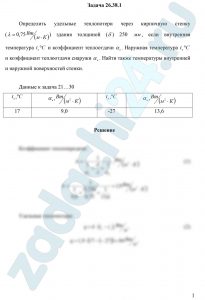 Определить удельные теплопотери через кирпичную стенку (λ=0,75 Вт/(м·К)) здания толщиной (δ) 250 мм, если внутренняя температура tв ºС и коэффициент теплоотдачи αв. Наружная температура tн ºС и коэффициент теплоотдачи снаружи αн. Найти также температуры внутренней и наружной поверхностей стенки
