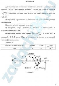 Для стального вала постоянного поперечного сечения с одним зубчатым колесом (рис.37), передающего мощность Р (кВт) при угловой скорости ω1 (рад/c) (числовые значения этих величин для своего варианта взять из табл.22): а) определить вертикальные и горизонтальные составляющие реакции подшипников; б) построить эпюру крутящих моментов; в) построить эпюры изгибающих моментов в вертикальной и горизонтальной плоскостях; г) определить диаметр вала, приняв [σ]=70 Н/мм² (в задаче 112) и полагая Fr=0,4Ft. В задаче 112 расчет производить по гипотезе потенциальной энергии формоизменения.