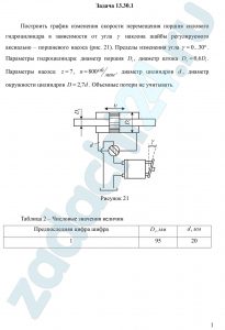 Построить график изменения скорости перемещения поршня силового гидроцилиндра в зависимости от угла γ наклона шайбы регулируемого аксиально – поршневого насоса (рис. 21). Пределы изменения угла γ=0...30º. Параметры гидроцилиндра: диаметр поршня D1, диаметр штока D2=0,6D1. Параметры насоса: z=7, n=800 об/мин, диаметр цилиндров d, диаметр окружности цилиндров D=2,7d. Объемные потери не учитывать
