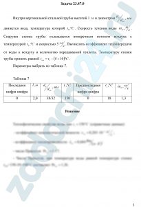 Внутри вертикальной стальной трубы высотой 1 м и диаметром dн/dвн движется вода, температура которой t1, ºC. Скорость течения воды ωж, м/c. Снаружи стенка трубы охлаждается поперечным потоком воздуха с температурой t2, ºC и скоростью 5  м/c. Вычислить коэффициент теплопередачи от воды к воздуху и количество передаваемой теплоты. Температуру стенки трубы принять равной tст=t1-(5÷10) ºC.