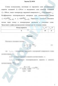 Драбкина Е.В. Основы теплотехники МИИТ Задача 2.1 Стенка холодильника, состоящая из наружного слоя изоляционного кирпича толщиной δ1=250 мм и внутреннего слоя совелита толщиной δ2=200 мм, имеет температуру наружной поверхности tст1 и внутренней tст3. Коэффициенты теплопроводности материала слое соответственно равны λ1=0,24 Вт/(м·К) и λ2=0,09 Вт/(м·К). Определить плотность теплового потока через стенку и температурные градиенты в отдельных слоях. Представить график распределения температуры по толщине стенки.