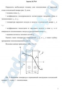 Определить необходимую толщину слоя теплоизоляции δиз наружной стены холодильной камеры (рис. 3), если: толщина стены δст; коэффициенты теплопроводности соответственно материала стены и теплоизоляции λст и λиз; температура наружного воздуха и воздуха в холодильной камере tв1 и tв2; коэффициенты теплоотдачи от наружного воздуха к стене α1 и от поверхности теплоизоляции к воздуху в холодильной камере α2; заданная плотность теплового потока q.Оценить также температуры поверхностей tc1, tc2 и tc3, а также глубину промерзания теплоизоляционного слоя δ0.