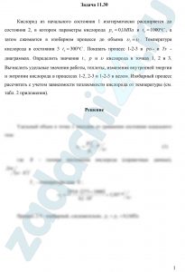 Кислород из начального состояния 1 изотермически расширяется до состояния 2, в котором параметры кислорода р2=0,1 МПа и t2=1000 ºC, а затем сжимается в изобарном процессе до объема υ3=υ1. Температура кислорода в состоянии 3 t3=300 ºC. Показать процесс 1-2-3 в pυ- и Ts — диаграммах. Определить значения t, p и υ кислорода в точках 1, 2 и 3.