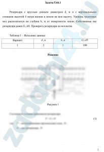Гидравлика ИжГТУ им. М.Т. Калашникова Задача 7 Резервуара с круглым днищем диаметром d, м и с вертикальными стенками высотой 4 метра вкопан в землю на всю высоту. Уровень грунтовых вод располагается на глубине h, м от поверхности земли. Собственные вес резервуара равен G, кН. Проверить резервуара на всплытие.