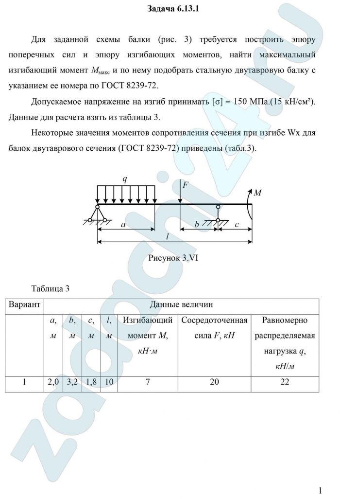 Для заданной схемы балки (рис. 3) требуется построить эпюру поперечных сил и эпюру изгибающих моментов, найти максимальный изгибающий момент Ммакс и по нему подобрать стальную двутавровую балку с указанием ее номера по ГОСТ 8239-72. Допускаемое напряжение на изгиб принимать [σ] = 150 МПа.(15 кН/см²). Данные для расчета взять из таблицы 3. Некоторые значения моментов сопротивления сечения при изгибе Wx для балок двутаврового сечения (ГОСТ 8239-72)