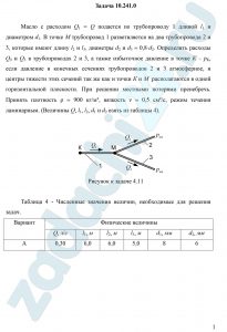 Масло с расходом Q1 = Q подается по трубопроводу 1 длиной l1 и диаметром d1. В точке М трубопровод 1 разветвляется на два трубопровода 2 и 3, которые имеют длину l2 и l3, диаметры d2 и d3 = 0,8·d2. Определить расходы Q2 и Q3 в трубопроводах 2 и 3, а также избыточное давление в точке К – рК, если давление в конечных сечениях трубопроводов 2 и 3 атмосферное, и центры тяжести этих сечений так же как и точки К и М располагаются в одной горизонтальной плоскости