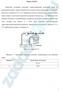 Насосная установка включает нерегулируемый роторный насос и переливной клапан, через который часть подачи насоса направляет на слив (см. рисунок к задачам 5.9 и 5.11). Определить расход жидкости Qкл, сливающийся через клапан, если подача насосной установки известна Qну = Q. Найти на этом режиме полезную и потребляемую мощности насосной установки, приняв при этом полный кпд насоса η = 0,85. При решении воспользоваться характеристикой насосной установки