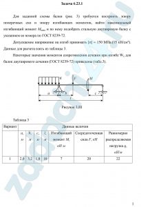 Для заданной схемы балки (рис. 3) требуется построить эпюру поперечных сил и эпюру изгибающих моментов, найти максимальный изгибающий момент Ммакс и по нему подобрать стальную двутавровую балку с указанием ее номера по ГОСТ 8239-72. Допускаемое напряжение на изгиб принимать [σ] = 150 МПа.(15 кН/см²). Данные для расчета взять из таблицы 3. Некоторые значения моментов сопротивления сечения при изгибе Wx для балок двутаврового сечения (ГОСТ 8239-72) приведены (табл.3).