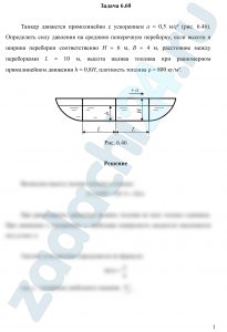 Танкер движется прямолинейно с ускорением а = 0,5 м/с² (рис. 6.46). Определить силу давления на среднюю поперечную переборку, если высота и ширина переборки соответственно Н = 6 м, В = 4 м, расстояние между переборками L = 10 м, высота налива топлива при равномерном прямолинейном движении h = 0,8Н, плотность топлива ρ = 800 кг/м³.