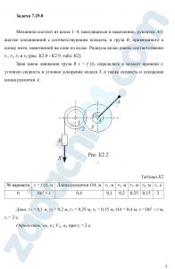 Механизм состоит из колес 1–4, находящихся в зацеплении, рукоятки АО, жестко соединенной с соответствующим колесом, и груза В, привязанного к концу нити, намотанной на одно из колес. Радиусы колес равны соответственно r1, r2, r3 и r4 (рис. К2.0 - К2.9, табл. К2). Зная закон движения груза В x = f (t), определить в момент времени t1 угловую скорость и угловое ускорение колеса 3, а также скорость и ускорение конца рукоятки А.