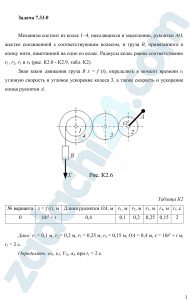 Механизм состоит из колес 1–4, находящихся в зацеплении, рукоятки АО, жестко соединенной с соответствующим колесом, и груза В, привязанного к концу нити, намотанной на одно из колес. Радиусы колес равны соответственно r1, r2, r3 и r4 (рис. К2.0 - К2.9, табл. К2). Зная закон движения груза В x = f (t), определить в момент времени t1 угловую скорость и угловое ускорение колеса 3, а также скорость и ускорение конца рукоятки А.